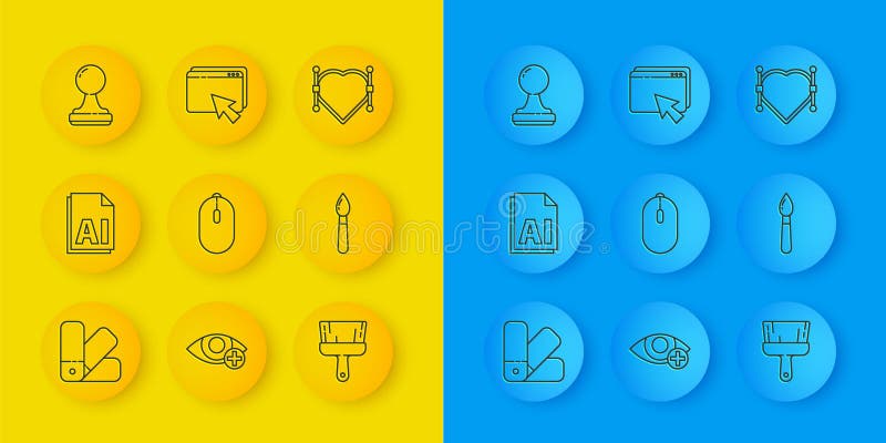 Set line Color palette guide, AI file document, Computer mouse, Paint brush, Stamp, Heart with Bezier curve and Web vector illustration
