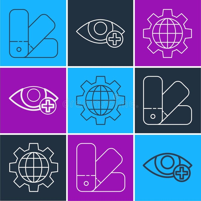 Set line Color palette guide, Globe of the Earth and gear and Red eye effect icon. Vector royalty free illustration