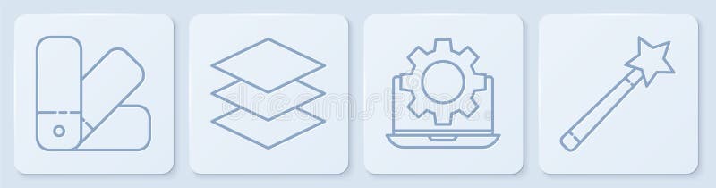 Set line Color palette guide, Laptop and gear, Layers and Magic wand. White square button. Vector vector illustration