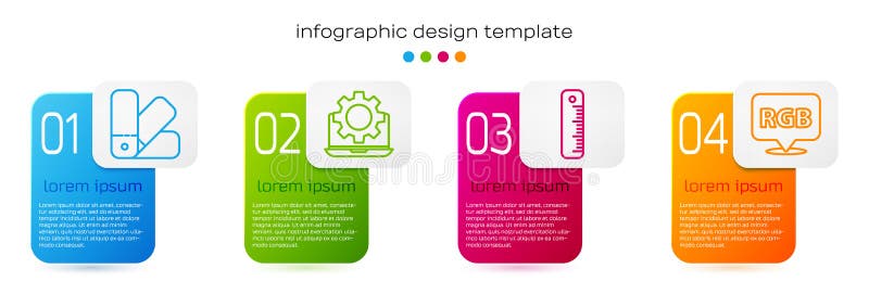 Set line Color palette guide, Laptop and gear, Ruler and Speech bubble with RGB and CMYK. Business infographic template vector illustration