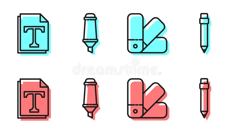 Set line Color palette guide, Text file document, Marker pen and Pencil with eraser icon. Vector royalty free illustration