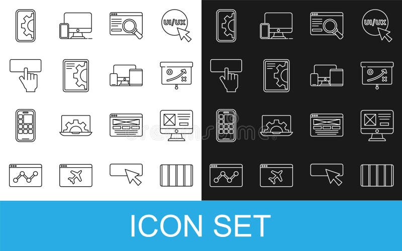 Set line Color palette guide, UI UX design, Planning strategy concept, Web development, Keyboard, and Monitor, mobile stock illustration