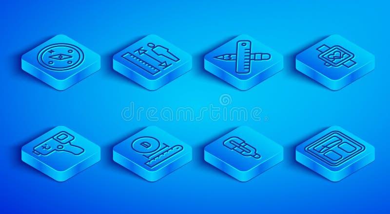 Set line Compass Measuring height body Crossed ruler and pencil Diameter Medical thermometer Smart watch Digital and Bathroom scales icon. Vector. Set line Compass Measuring height body Crossed ruler and pencil Diameter Medical thermometer Smart watch Digital and Bathroom scales icon. Vector.