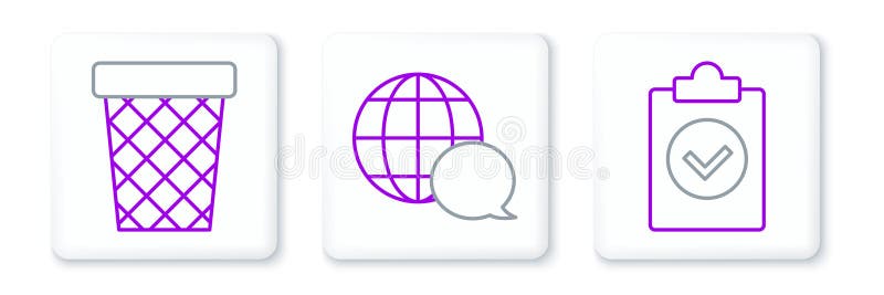Set line Completed task, Trash can and World map made from speech bubble icon. Vector royalty free illustration