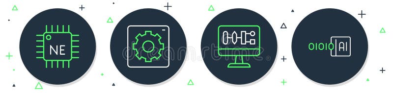 Set line Computer api interface, Algorithm, Processor CPU and Binary code icon. Vector. Programming coding computer binary vectors