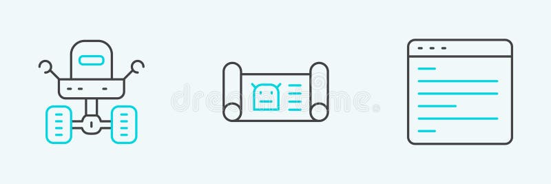 Set line computer api interface mars rover and robot blueprint icon vector ilustración del vector