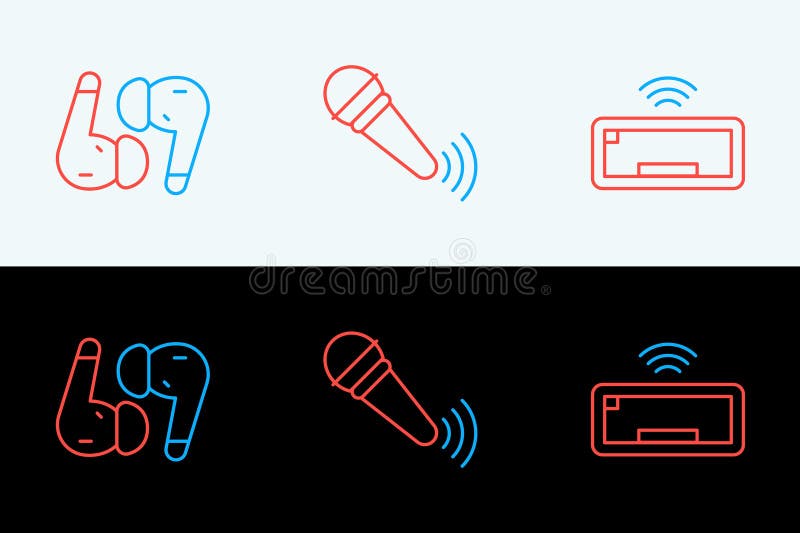 Set line Computer keyboard, Air headphones and Wireless microphone icon. Vector stock illustration