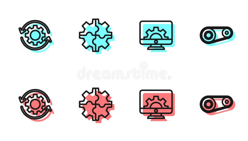 Set line Computer monitor and gear, Gear arrows as workflow, and Timing belt kit icon. Vector stock illustration
