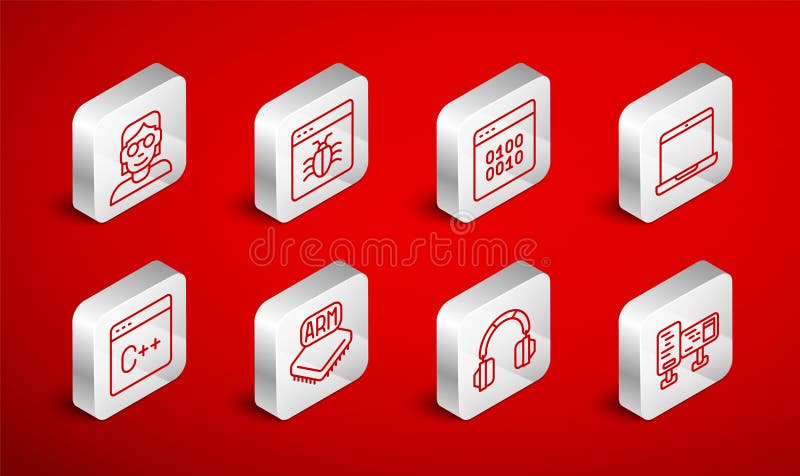 Set line Computer monitor screen, System bug, Binary code, Laptop, Headphones, Hacker coder, Processor and Software icon royalty free illustration
