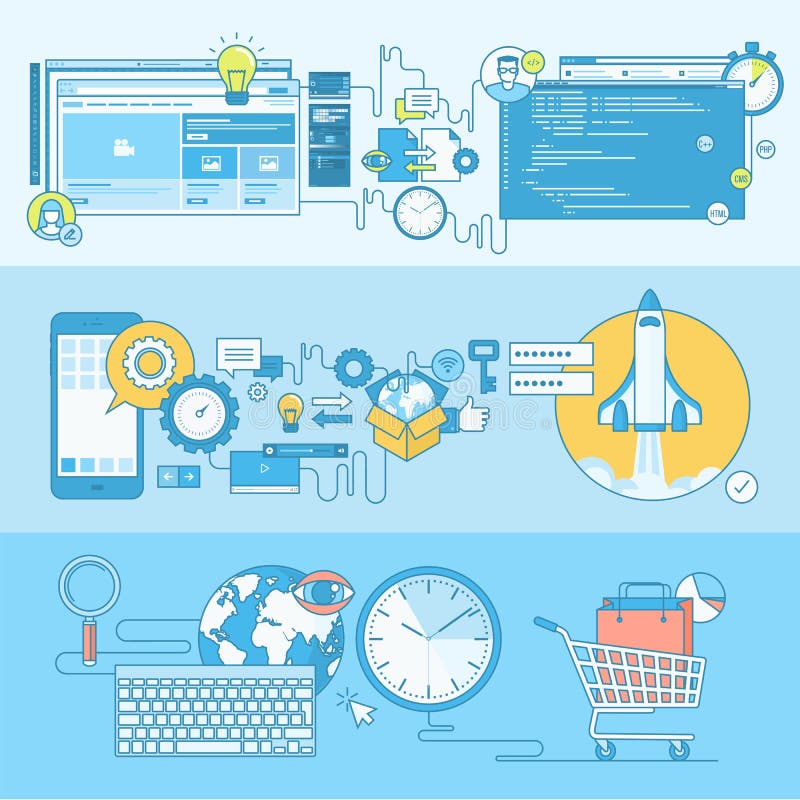 Set of line concept banners for web and app development, e-commerce vector illustration Set of line concept banners for web and app development, e-commerce vector illustration