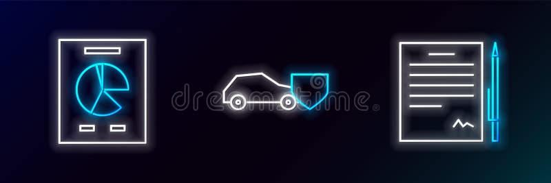 Set line Contract with pen, Document graph chart and Car shield icon. Glowing neon. Vector royalty free illustration