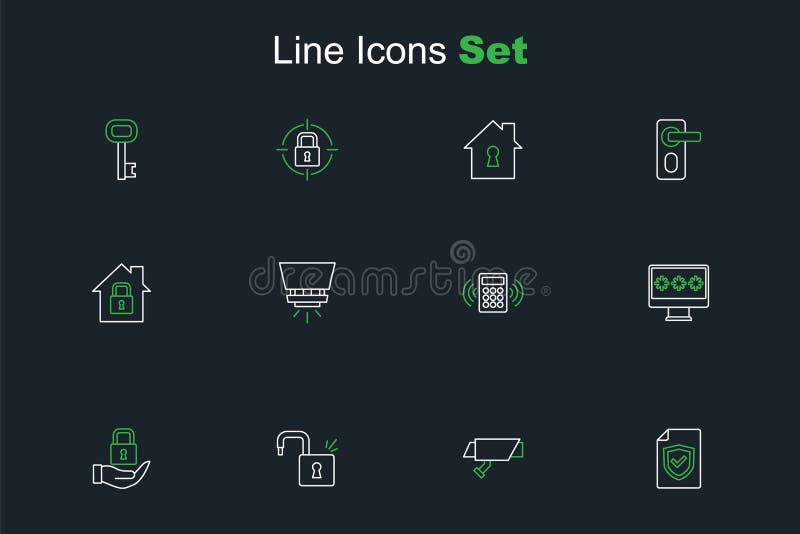 Set line Contract with shield, Security camera, Open padlock, Lock, Monitor password, keypad access panel, Fire royalty free illustration