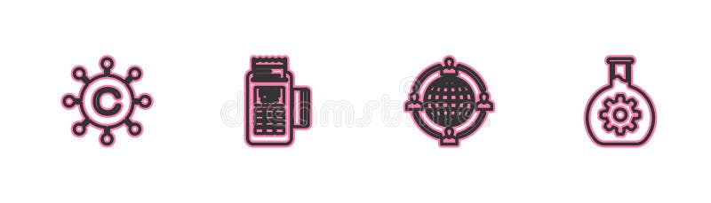 Set-line Copywriting Network Outsourcing Konzept Pos Terminal und Bioengineering Symbol. Vektor stock abbildung