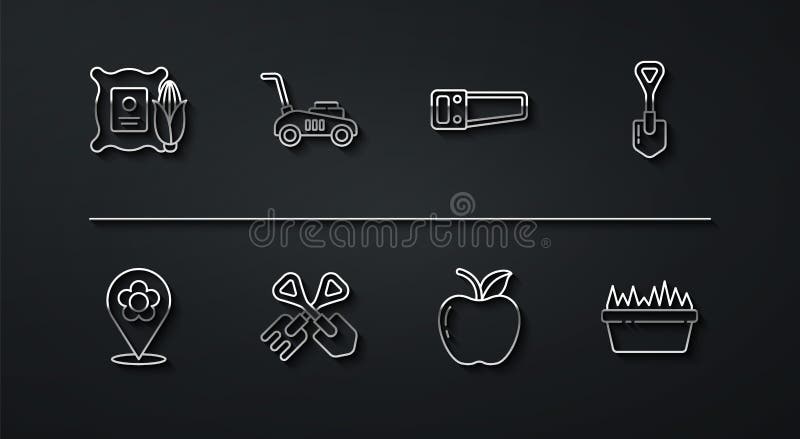 Set line Corn in the sack, Location with flower, Shovel, Apple, and rake, Lawn mower, Fresh grass rectangular and Hand stock illustration