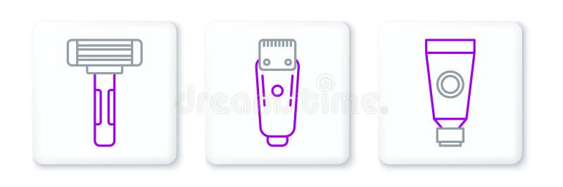 Set line Cream or lotion cosmetic tube, Shaving razor and Electrical hair clipper shaver icon. Vector vector illustration