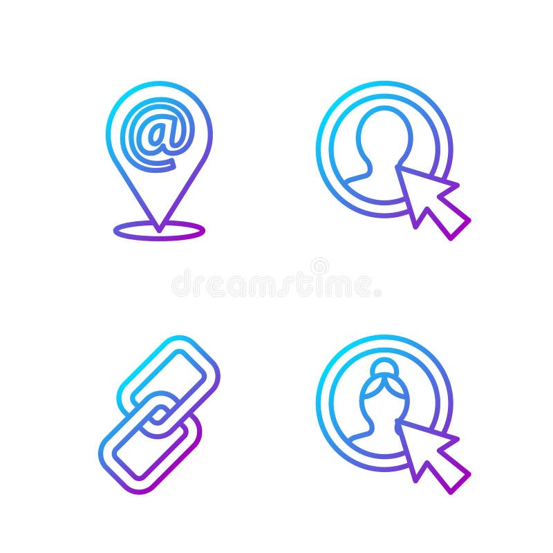 Set line Create account screen, Chain link, Location and mail and e-mail and Create account screen. Gradient color icons royalty free illustration
