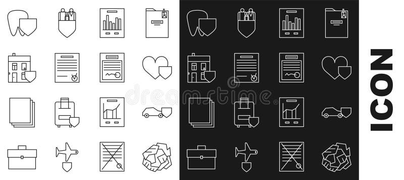 Set line Crumpled paper ball, Car with shield, Heart, Document graph chart, Confirmed document and check mark, House stock illustration