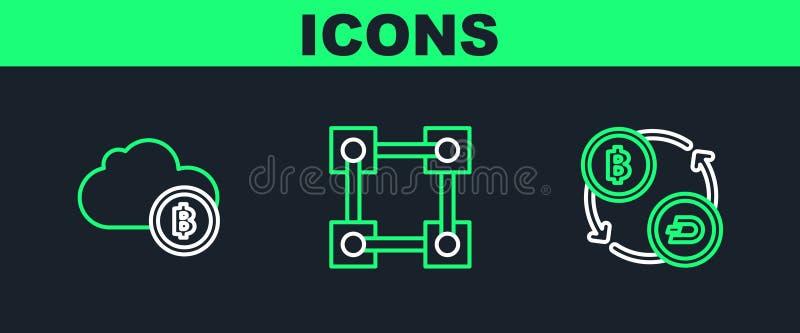 Set line Cryptocurrency exchange, cloud mining and Blockchain technology icon. Vector royalty free illustration