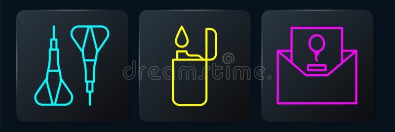 Set line Dart arrow, Invitation and Lighter. Black square button. Vector stock illustration