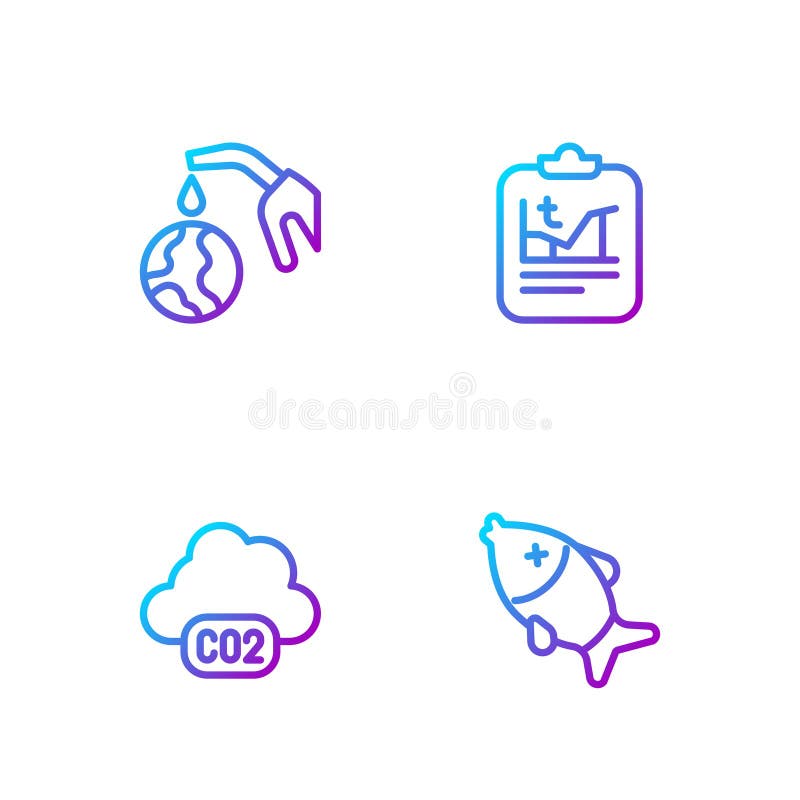 Set line Dead fish, CO2 emissions in cloud, Gas pump nozzle and globe and Global warming. Gradient color icons. Vector