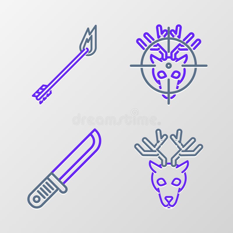 Setați capul căprioarei cu ajutorul unui cuțit pentru vânători de coarne pe crosshairs și pictograma săgeata cu flacără. vector stock illustration