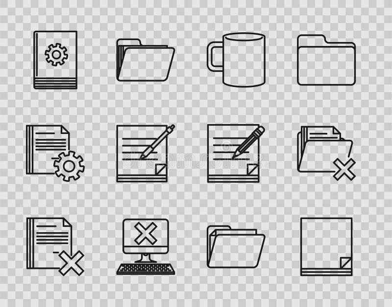 Set line Delete file document, File, Coffee cup flat, Computer with keyboard and x mark, User manual, Blank notebook pen stock illustration