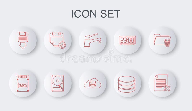 Set line Delete file document, SSD card, Water tap, Database, Floppy disk backup, Calendar with check mark, Hard drive vector illustration