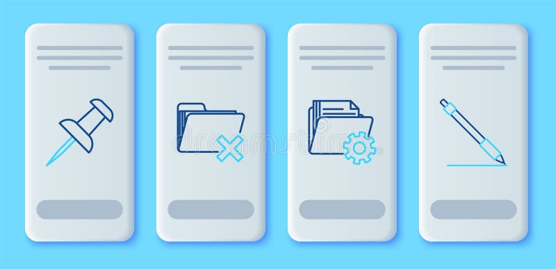 Set line Delete folder, Folder settings with gears, Push pin and Pen line icon. Vector stock illustration
