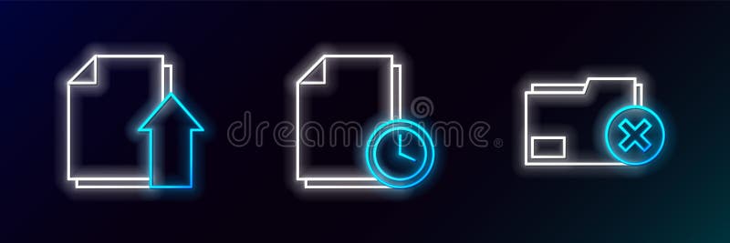Set line Delete folder, Upload file document and Document with clock icon. Glowing neon. Vector vector illustration