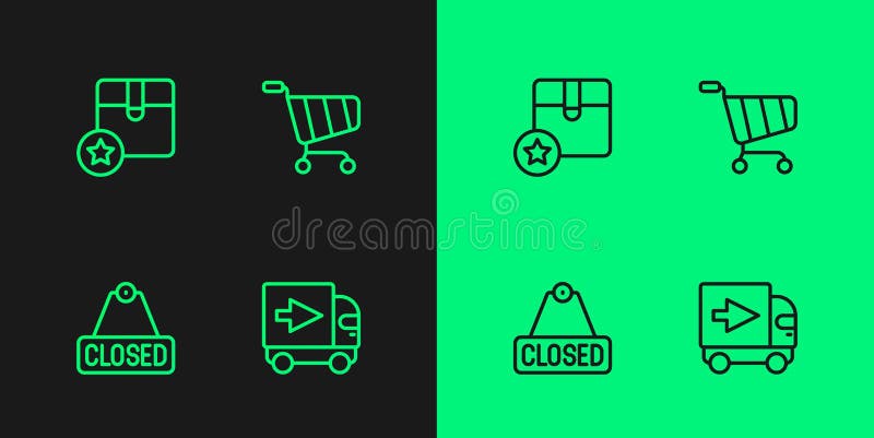 Set line Delivery cargo truck, Hanging sign with text Closed, Carton cardboard box and Shopping cart icon. Vector vector illustration