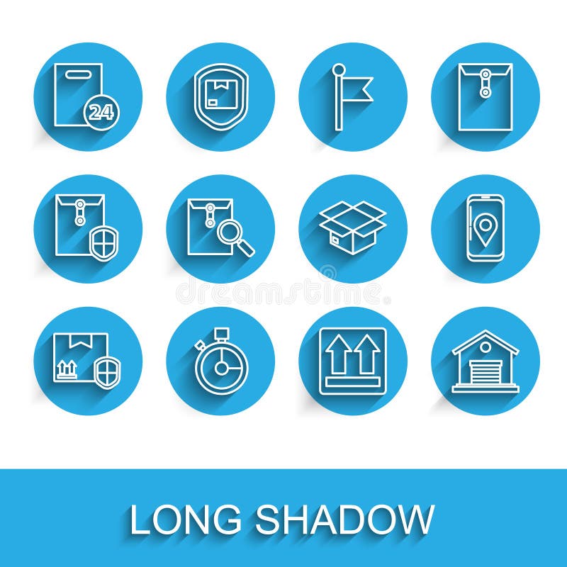 Set line Delivery pack security with shield Fast time delivery cardboard boxes This side up Warehouse Envelope magnifying glass Mobile app tracking and Carton icon. Vector. Pack up time vectors