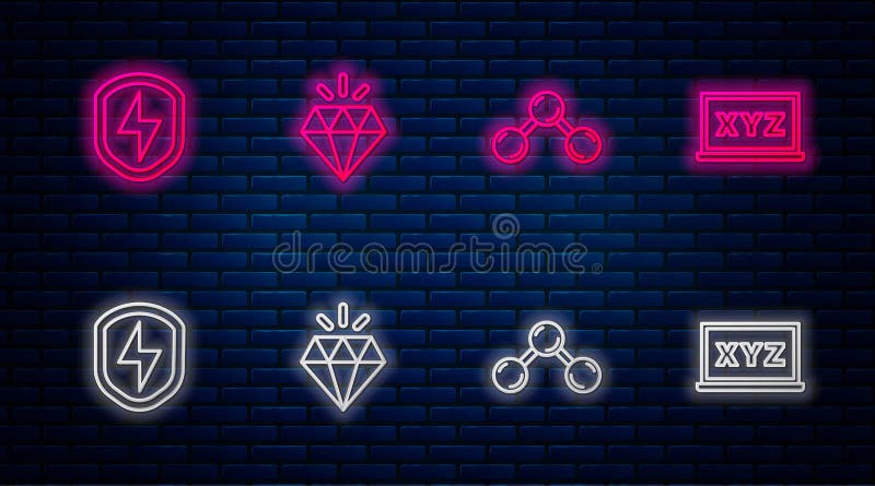 Set line Diamond, Molecule, Secure shield with lightning and XYZ Coordinate system. Glowing neon icon on brick wall stock illustration