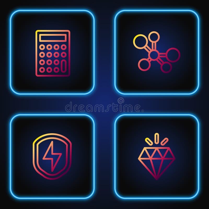 Set line Diamond, Secure shield with lightning, Calculator and Molecule. Gradient color icons. Vector vector illustration