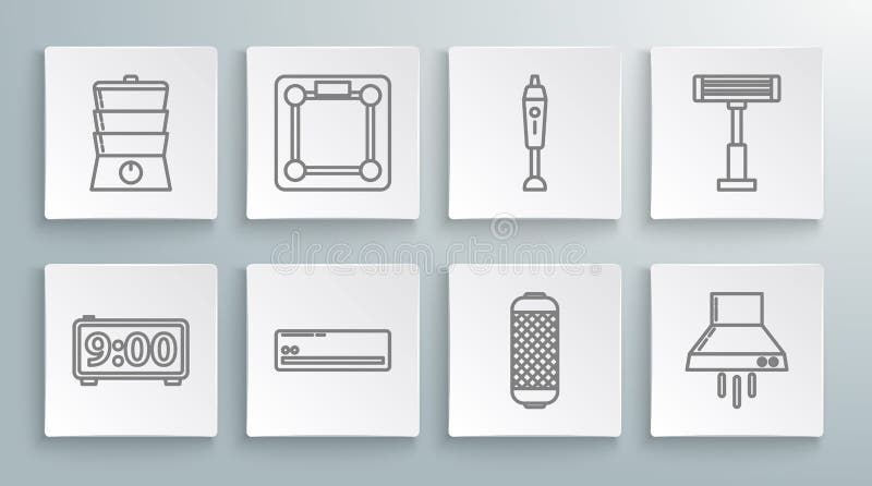 Set line Digital alarm clock Bathroom scales Air conditioner Stereo speaker Kitchen extractor fan Blender Electric heater and Double boiler icon. Vector. Set line Digital alarm clock Bathroom scales Air conditioner Stereo speaker Kitchen extractor fan Blender Electric heater and Double boiler icon. Vector.