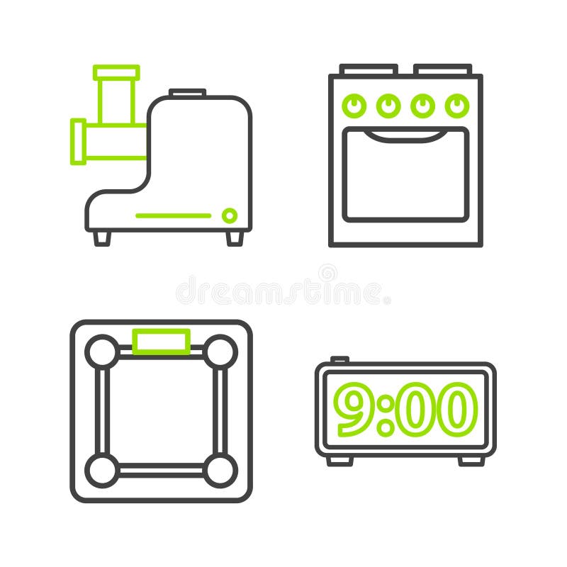 Set line Digital alarm clock, Bathroom scales, Oven and Kitchen meat grinder icon. Vector