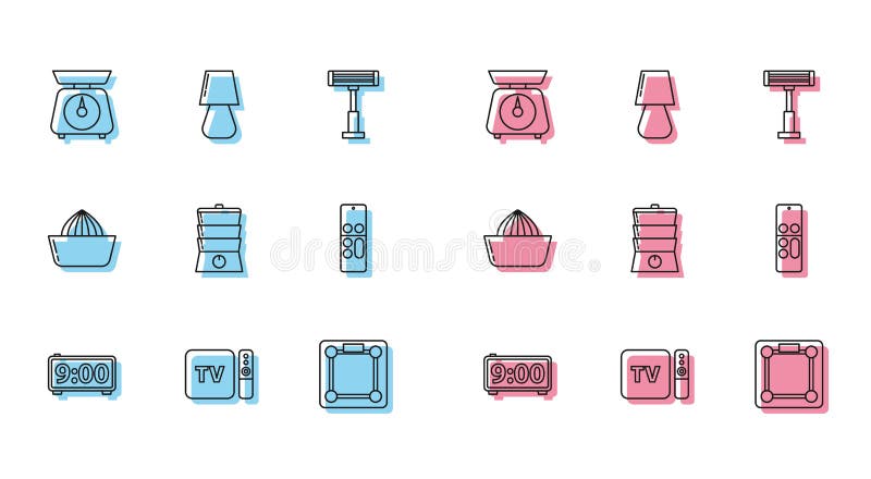 Set line Digital alarm clock TV box receiver and player with remote controller Scales Bathroom scales Double boiler Remote Citrus fruit juicer and Table lamp icon. Vector. Set line Digital alarm clock TV box receiver and player with remote controller Scales Bathroom scales Double boiler Remote Citrus fruit juicer and Table lamp icon. Vector.