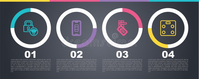 Set line Digital door lock, Smartphone battery charge, and bathroom scales. Business infographic template. Vector.