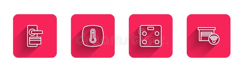 Set line Digital door lock, Thermostat, Smart bathroom scales and garage with long shadow. Red square button. Vector.