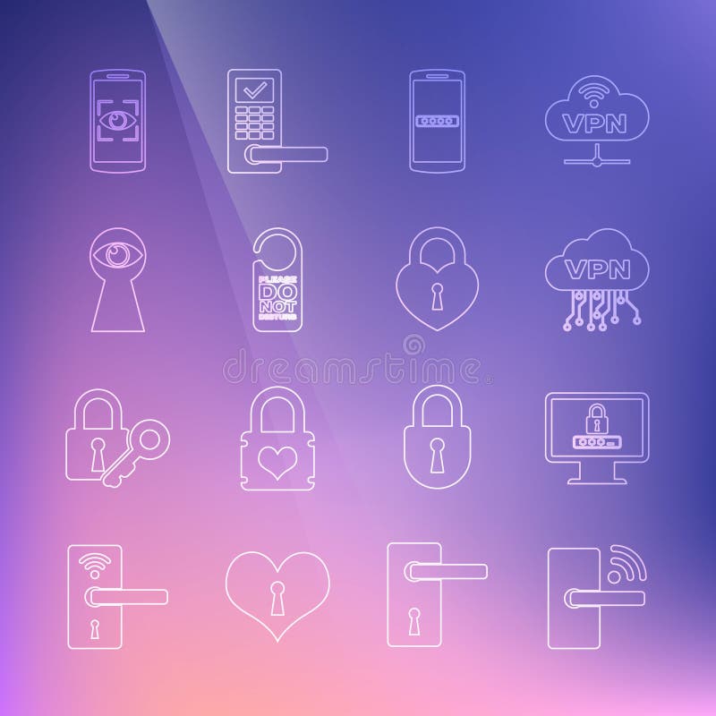 Set line Digital door lock with wireless, Monitor password, Cloud VPN interface, Mobile and, Please not disturb, Keyhole stock illustration