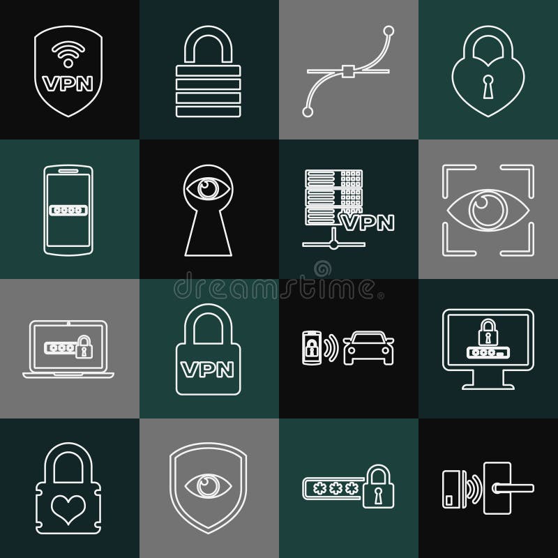 Set line Digital door lock with wireless, Monitor password, Eye scan, Bezier curve, Keyhole eye, Mobile and, Shield VPN stock illustration