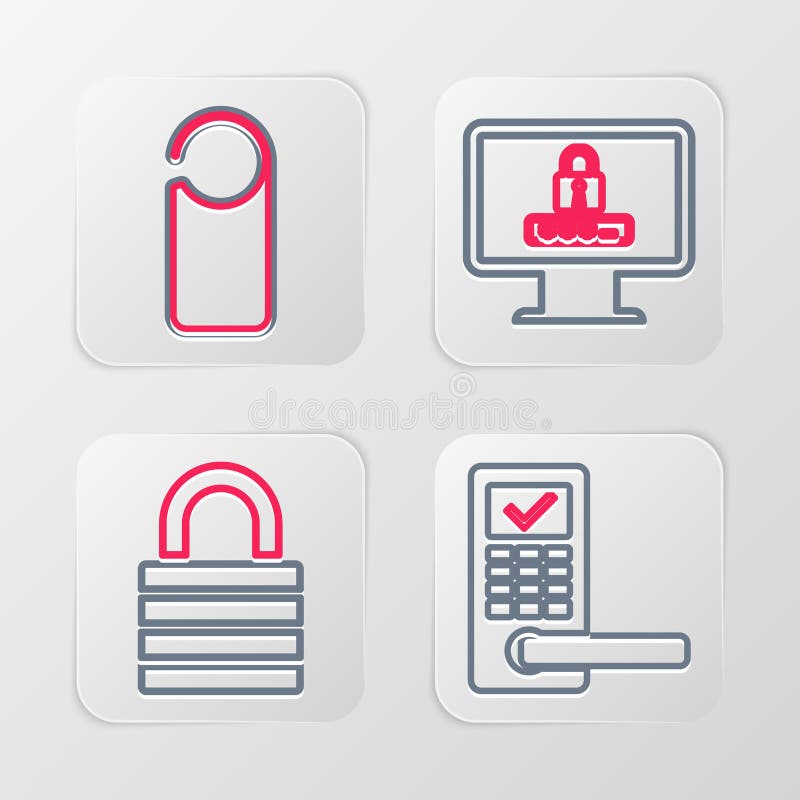 Set line Digital door lock with wireless, Lock, Monitor password and Please not disturb icon. Vector stock illustration
