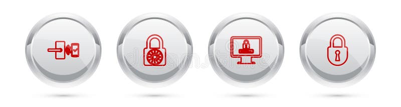 Set line Digital door lock with wireless, Safe combination wheel, Monitor password and Lock. Silver circle button stock illustration