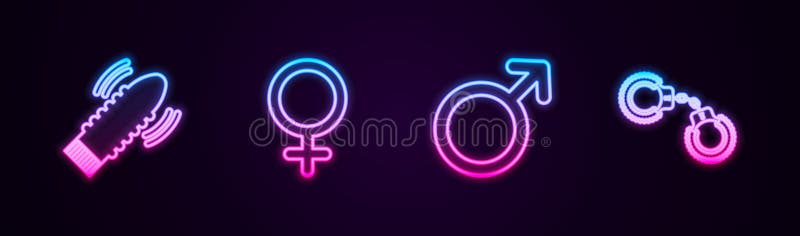 Set line Dildo vibrator for sex games, Female gender symbol, Male and Sexy fluffy handcuffs. Glowing neon icon. Vector