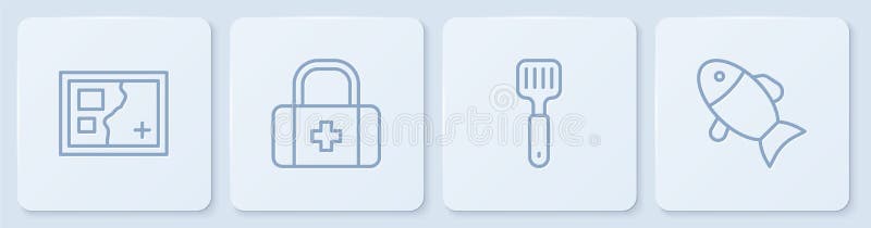 Set line doblado map spatula kit de primeros auxilios y peces. botón cuadrado blanco. vector stock de ilustración