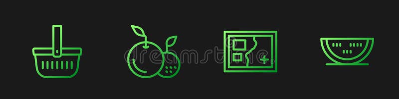 Set line doblado mapa cesta de picnic y sandía. iconos de color de degradado. vector libre illustration