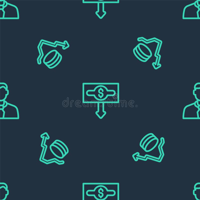 Set line Dollar rate decrease, and Worker on seamless pattern. Vector. Rate decrease graphic vectors