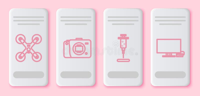 Set line Drone flying, Mirrorless camera, Syringe and Smart Tv. White rectangle button. Vector royalty free illustration