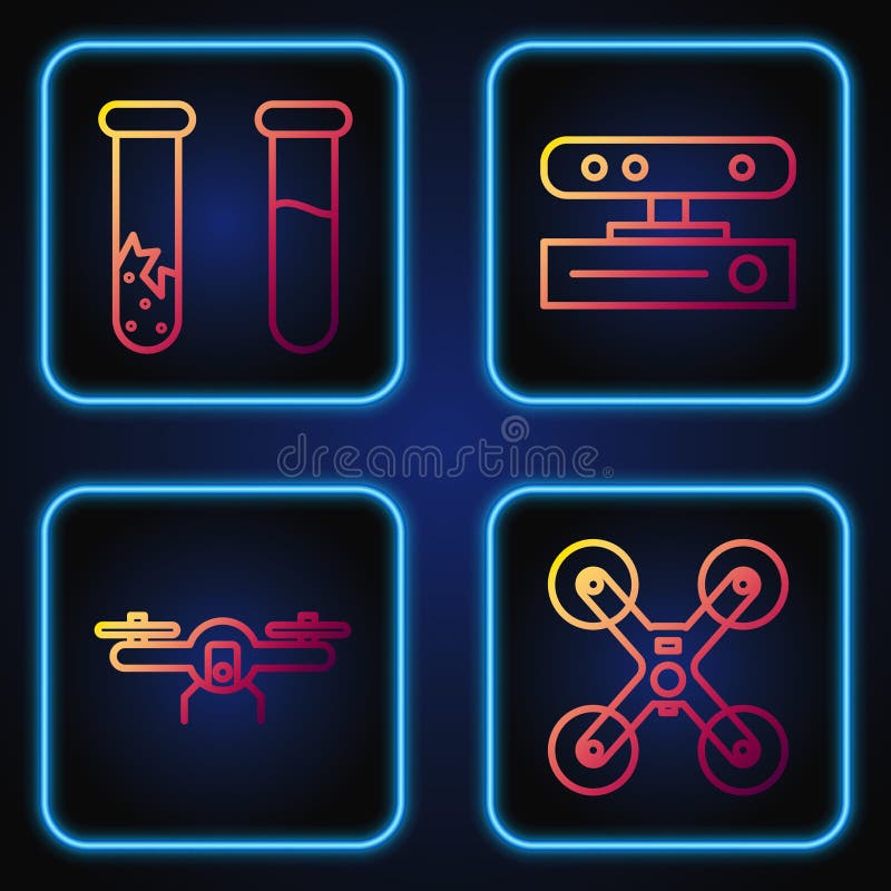 Set line Drone flying, Drone flying, Test tube and flask and Motion sensor. Gradient color icons. Vector vector illustration