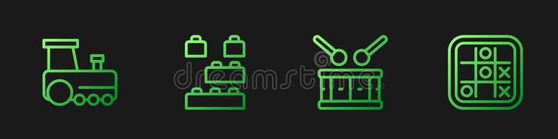 Set line Drum with drum sticks, Toy train, building block bricks and Tic tac toe game. Gradient color icons. Vector vector illustration