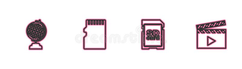 Set line Earth globe, SD card, Micro memory and Movie clapper icon. Vector stock illustration